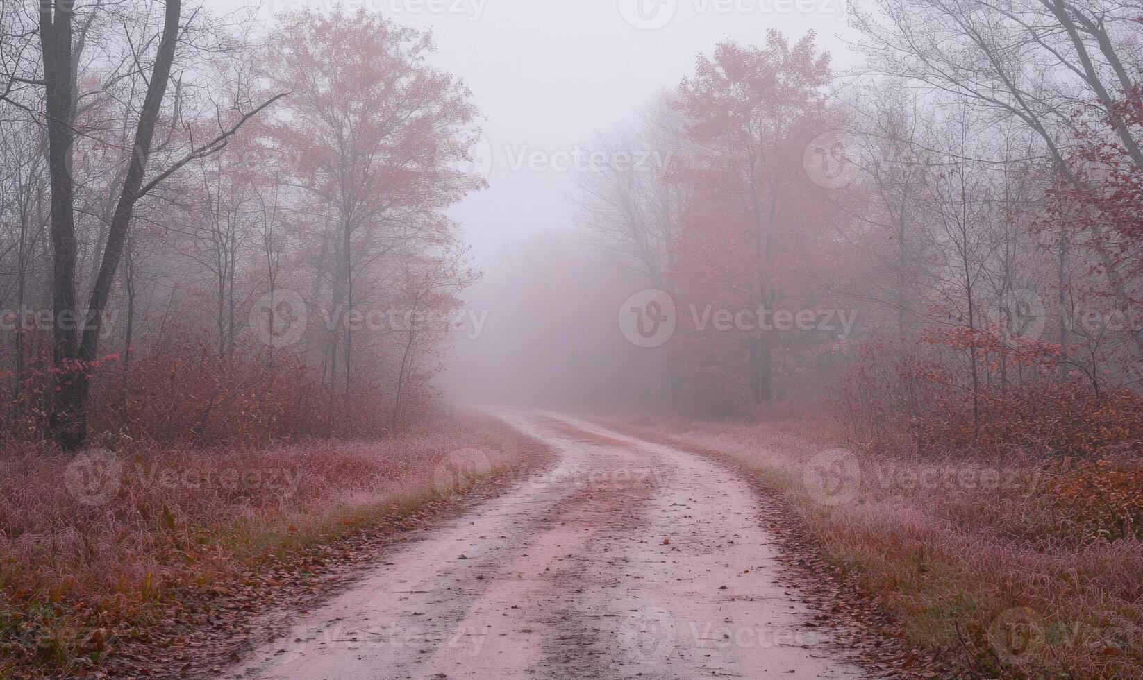 A foggy forest road with trees in the background photo
