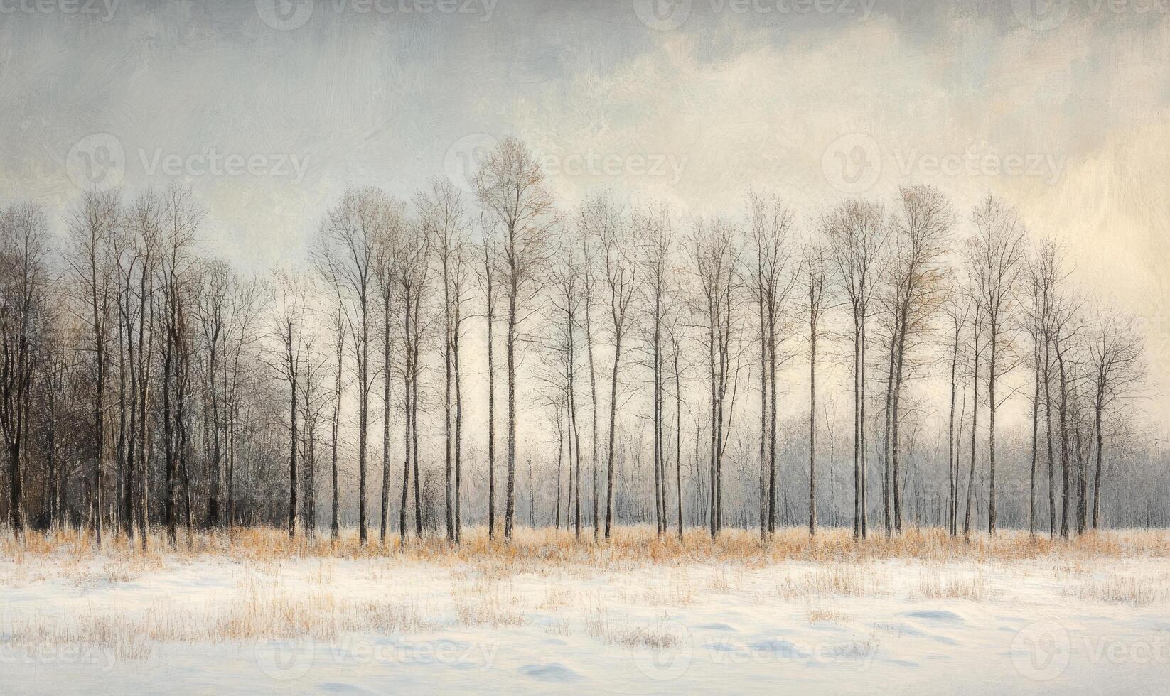 A painting of a snowy field with a row of trees in the background photo
