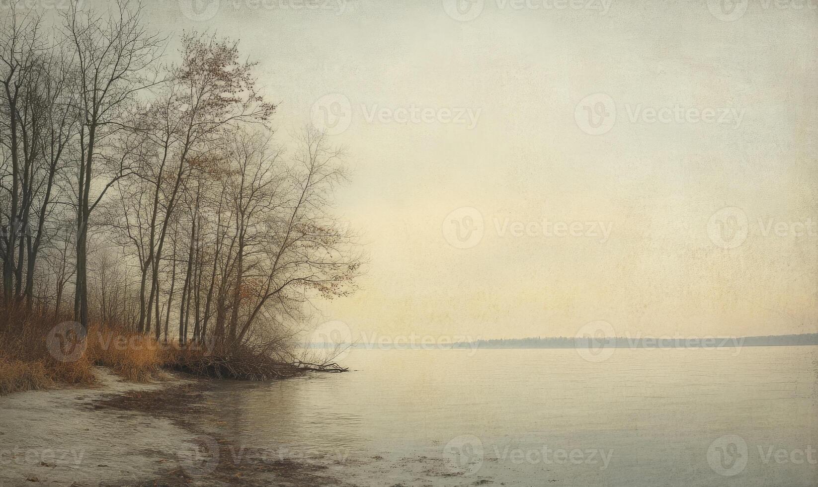 A painting of a lake with trees in the background photo