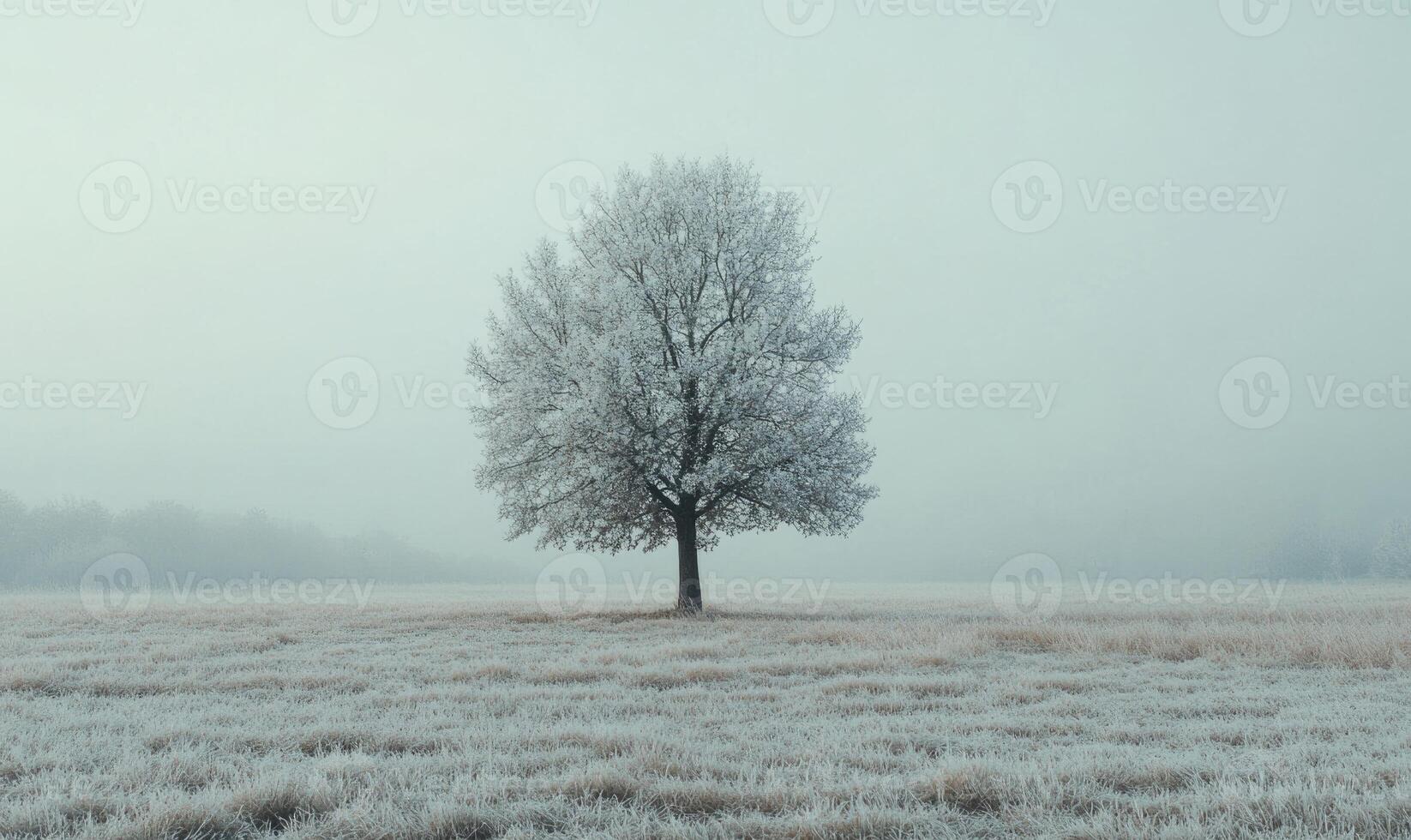 A tree stands alone in a field of snow photo