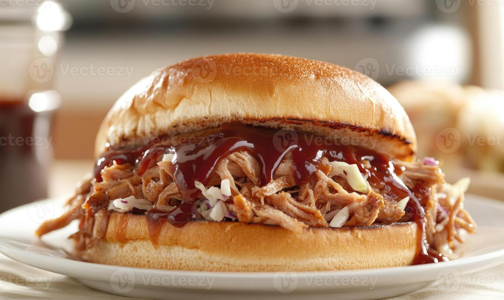 A large, thick pulled pork sandwich with coleslaw on a white plate photo