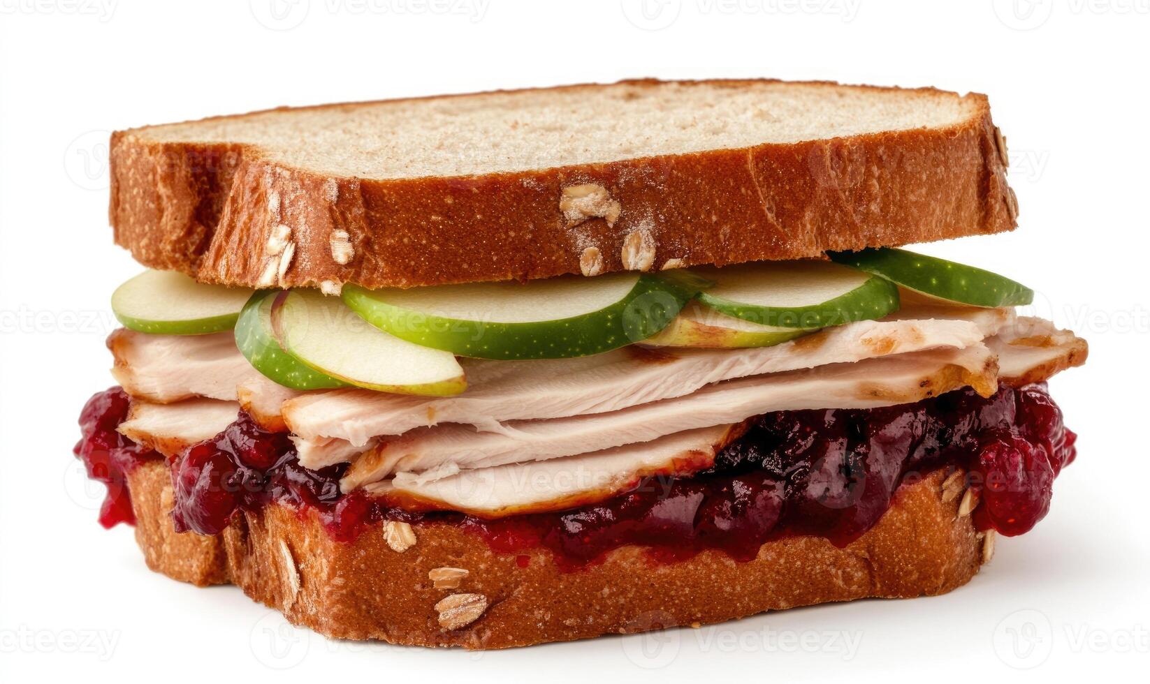A turkey sandwich with apples and cranberry sauce photo