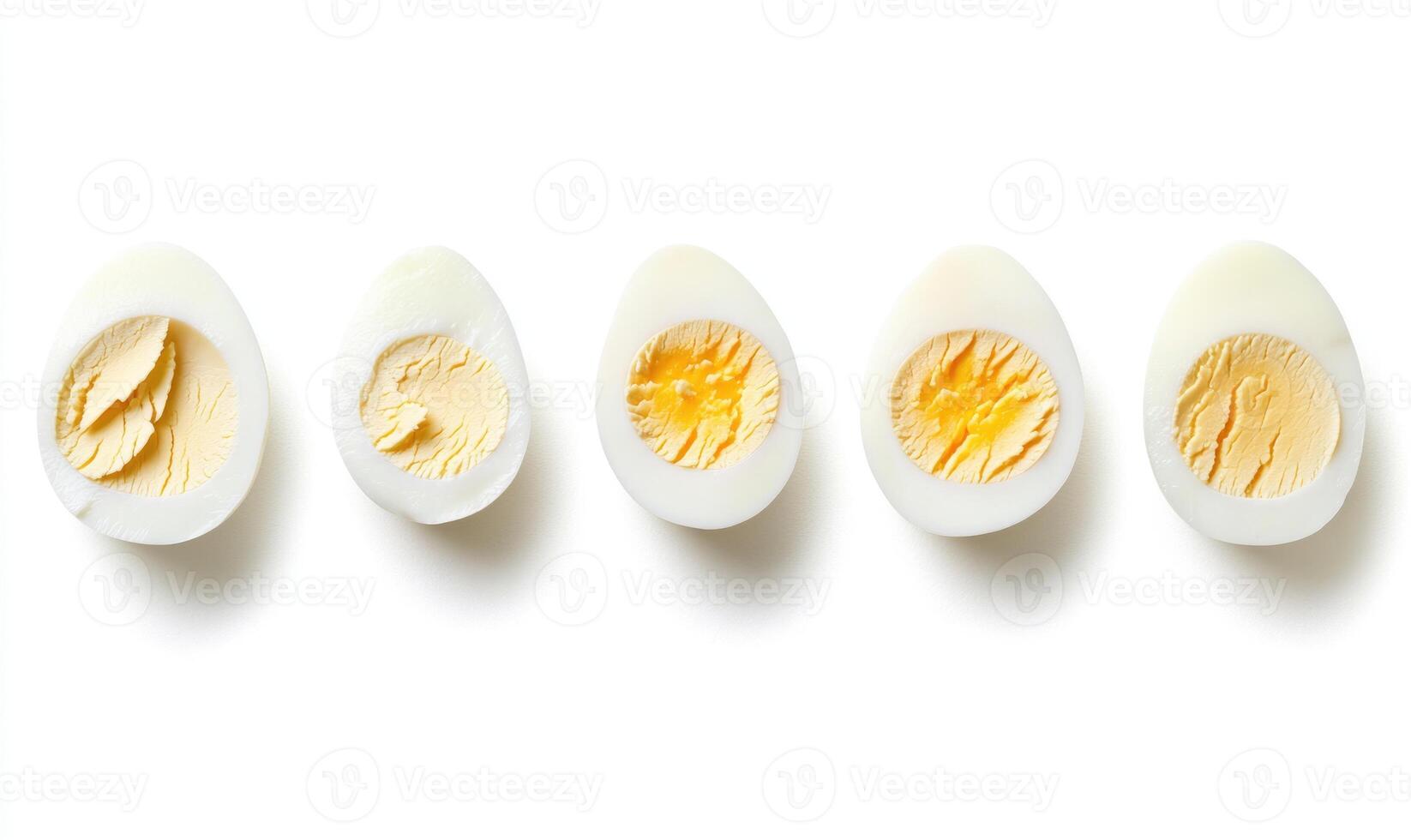 Five different eggs, each with a different amount of yolk photo