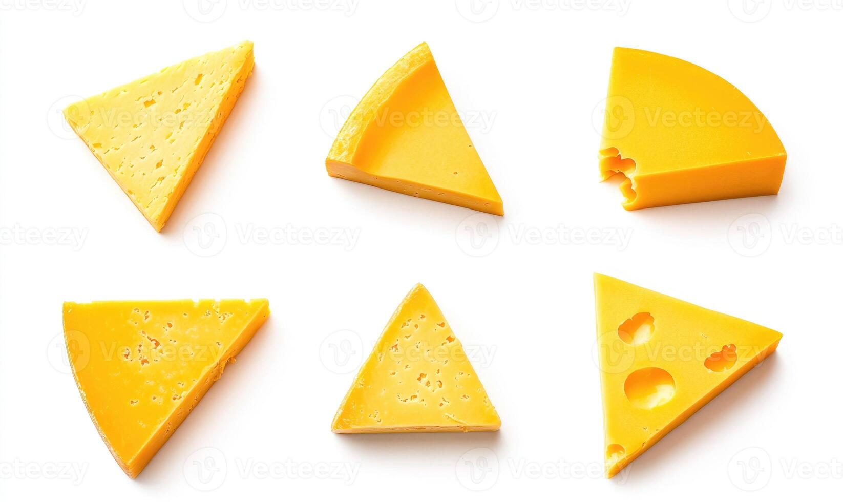 A variety of different shapes of cheese, including triangles, squares photo