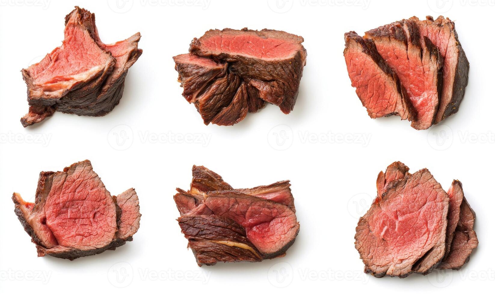 A close up of six different cuts of meat, all of which are red photo