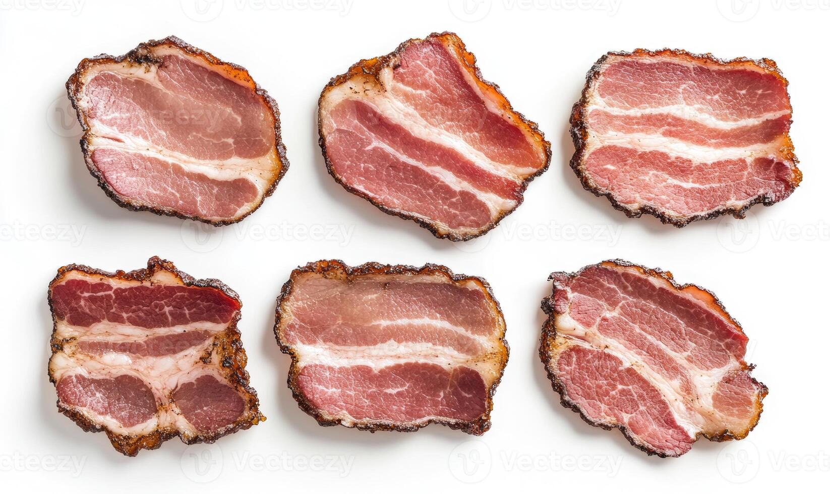 A close up of six slices of bacon, each with a different amount of fat photo