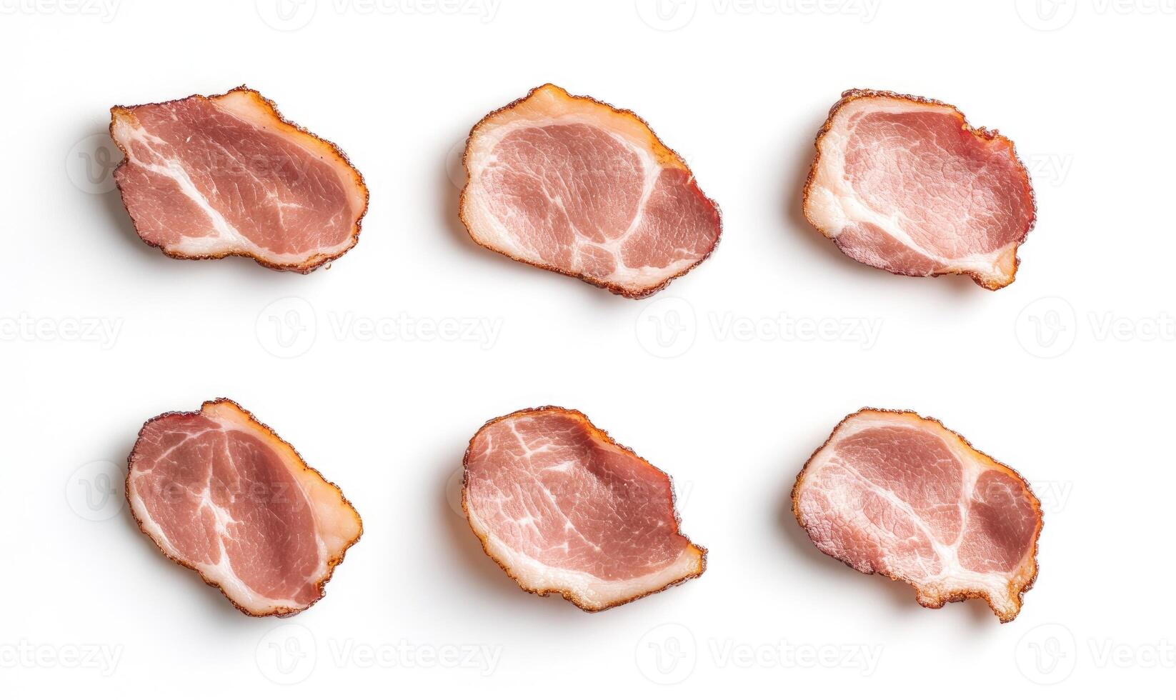 A close up of six slices of bacon, each with a different amount of fat photo