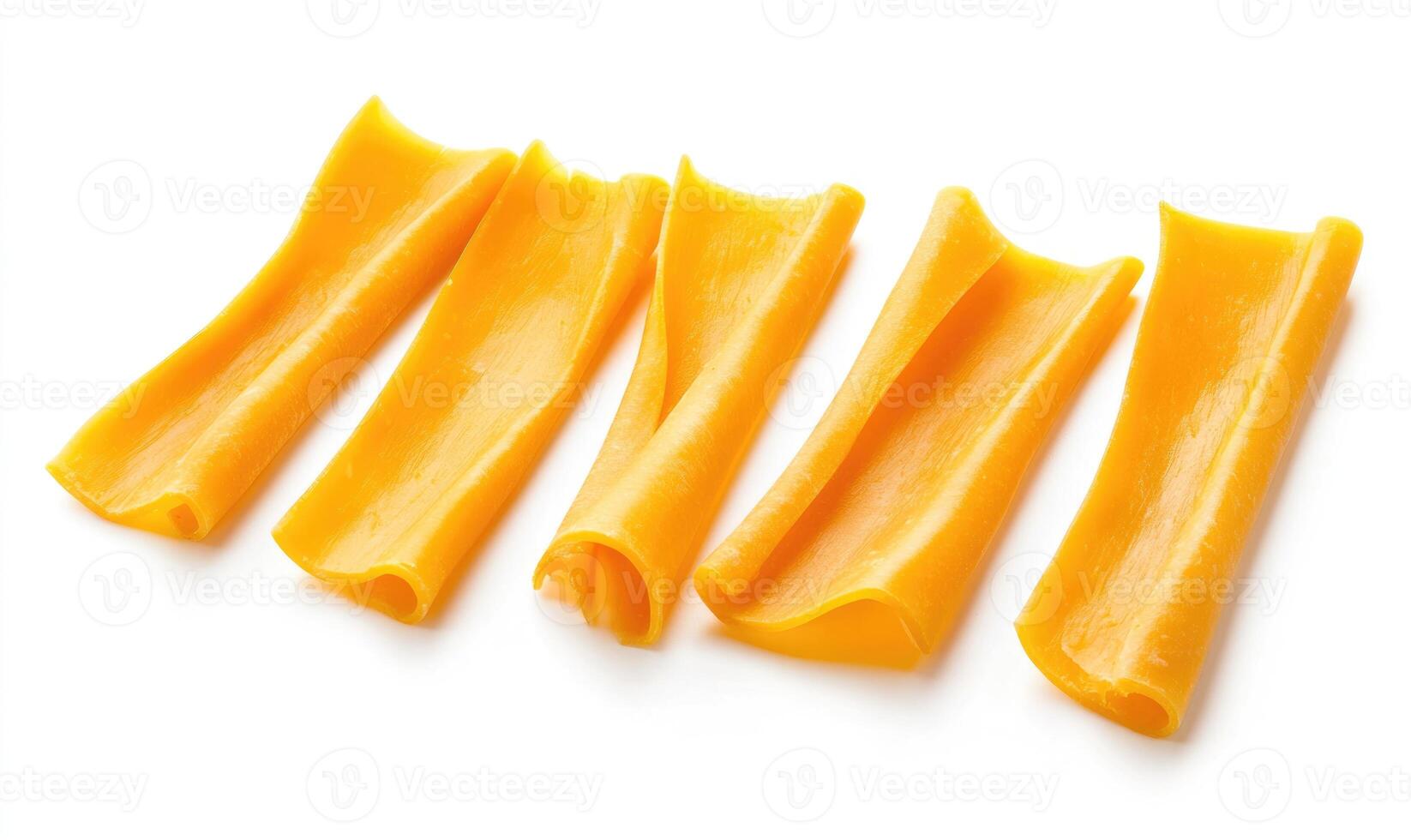 A row of yellow noodles are laid out on a white background photo
