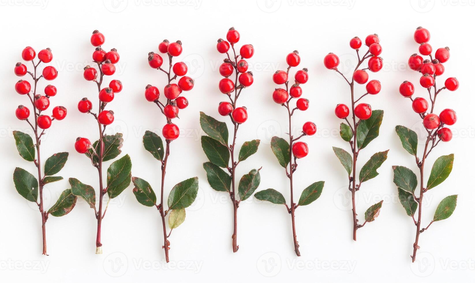 A row of red berries are lined up on a white background photo
