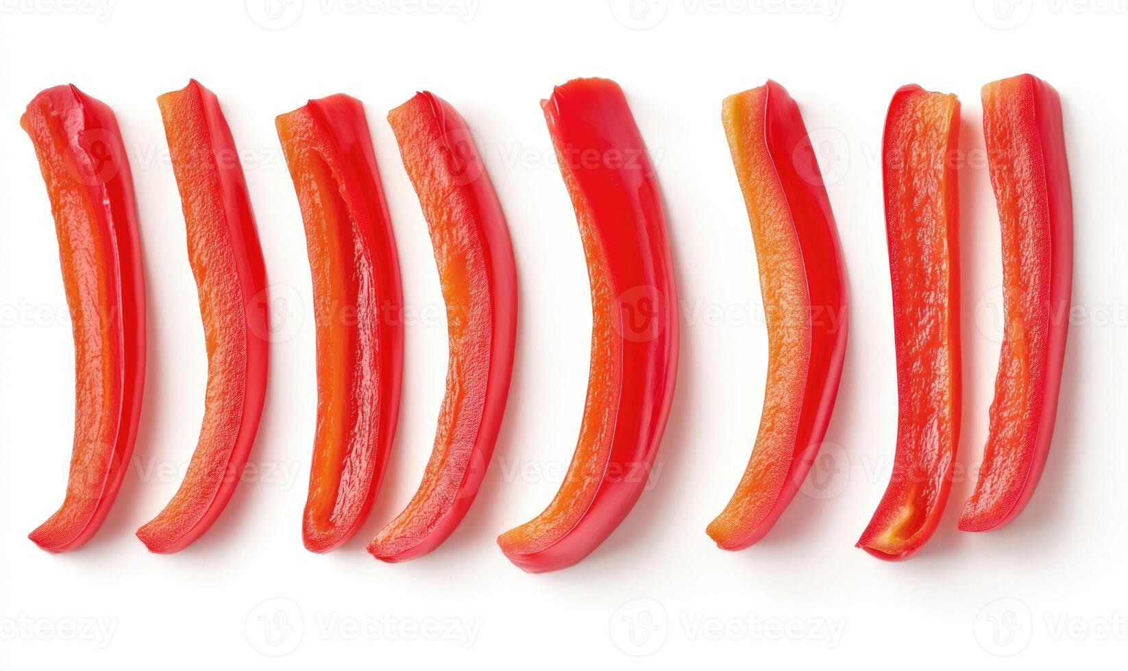 A row of red peppers are sliced and arranged on a white background photo