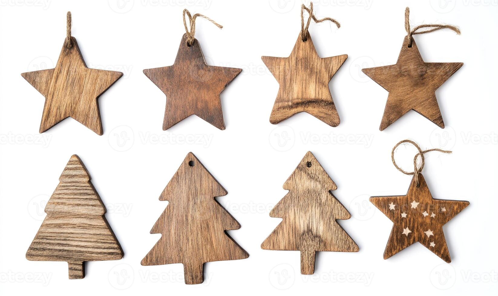 A collection of wooden stars and trees are hanging from a string photo