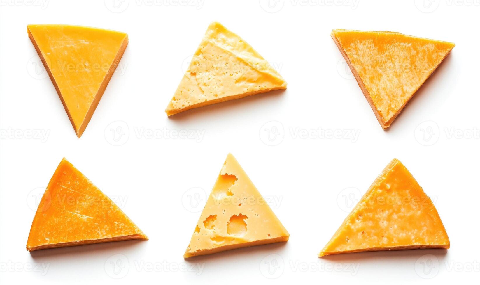 A variety of triangular slices of cheese, each with a different shape and size photo