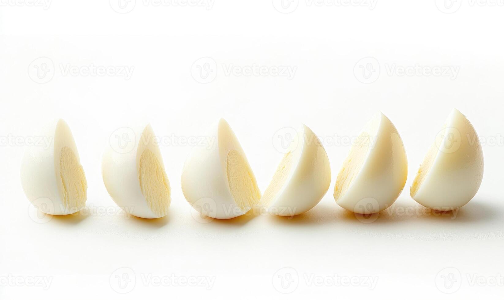A row of egg yolks are cut in half and arranged on a white background photo
