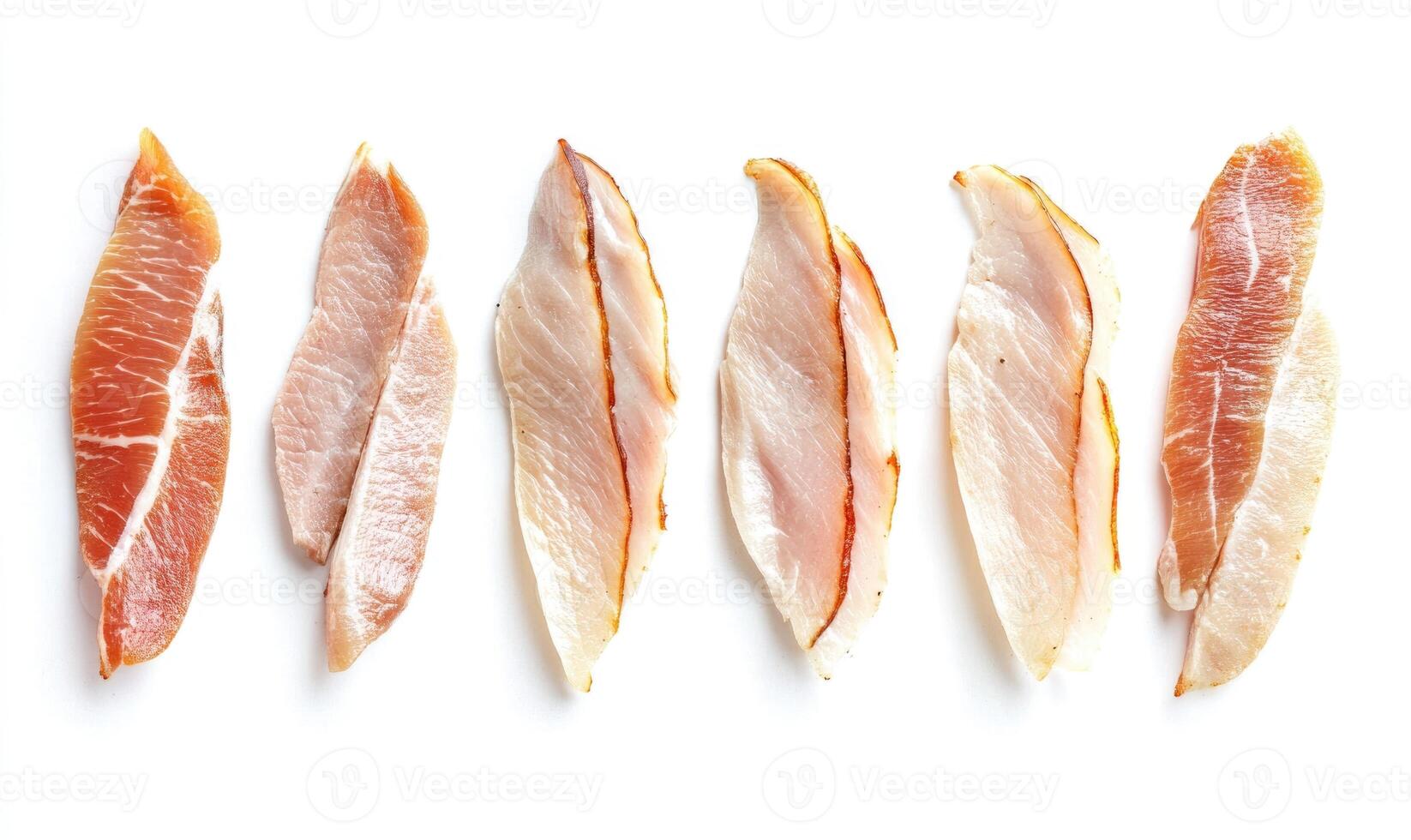 A row of meat slices, including pork, chicken, and fish photo