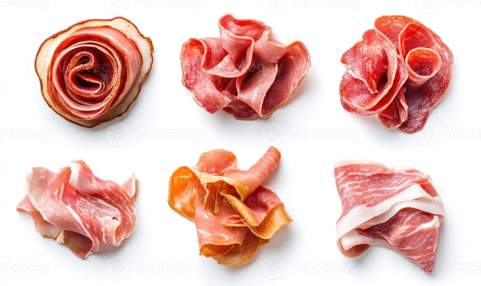 A variety of meats are displayed on a white background photo