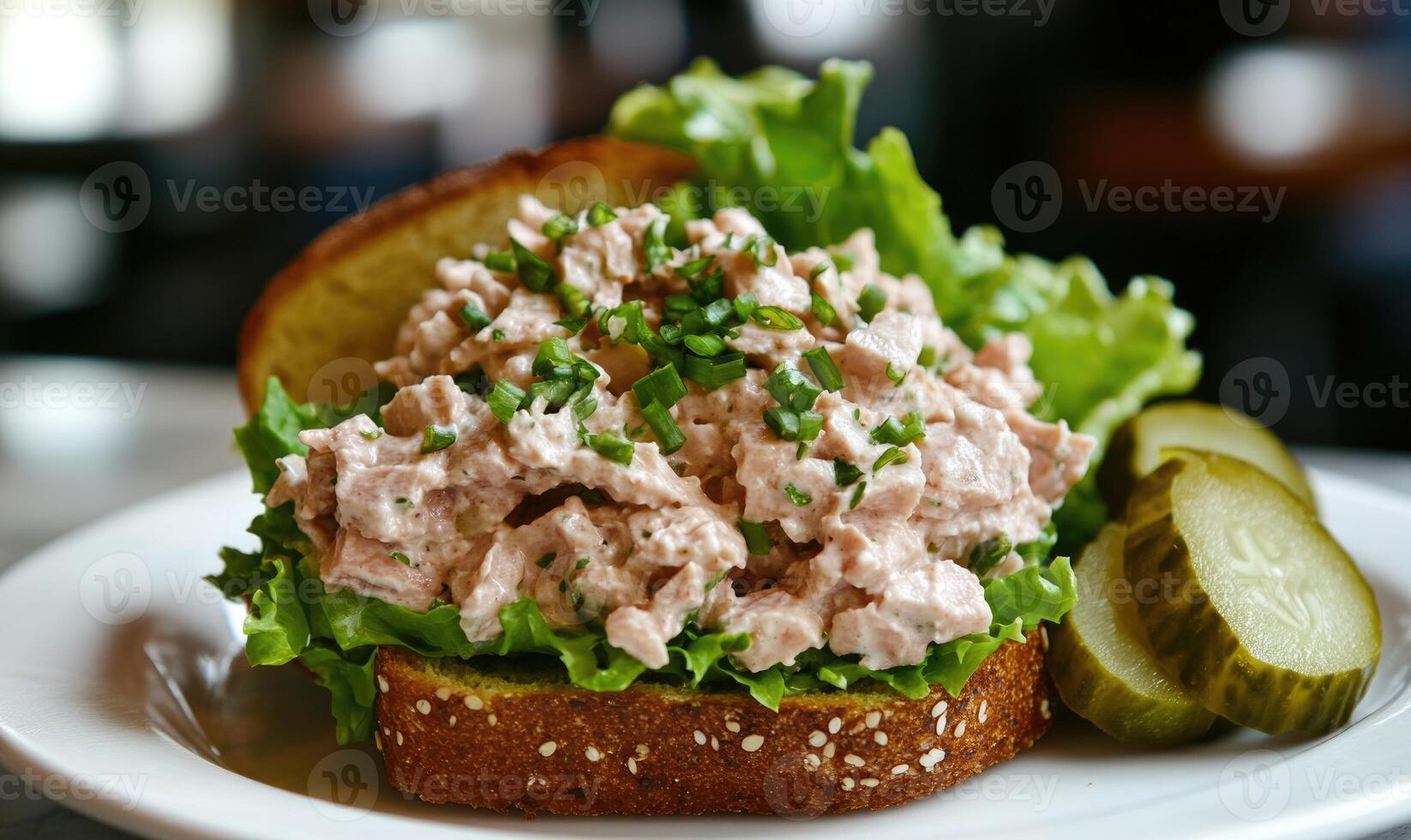 A sandwich with lettuce and pickles on a white plate photo