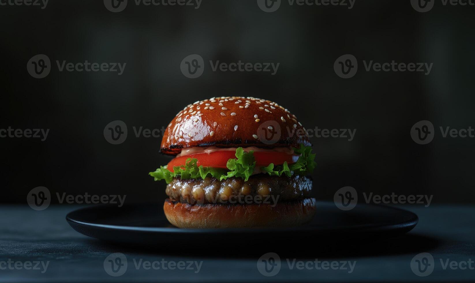 A hamburger with lettuce and tomato on a black plate photo