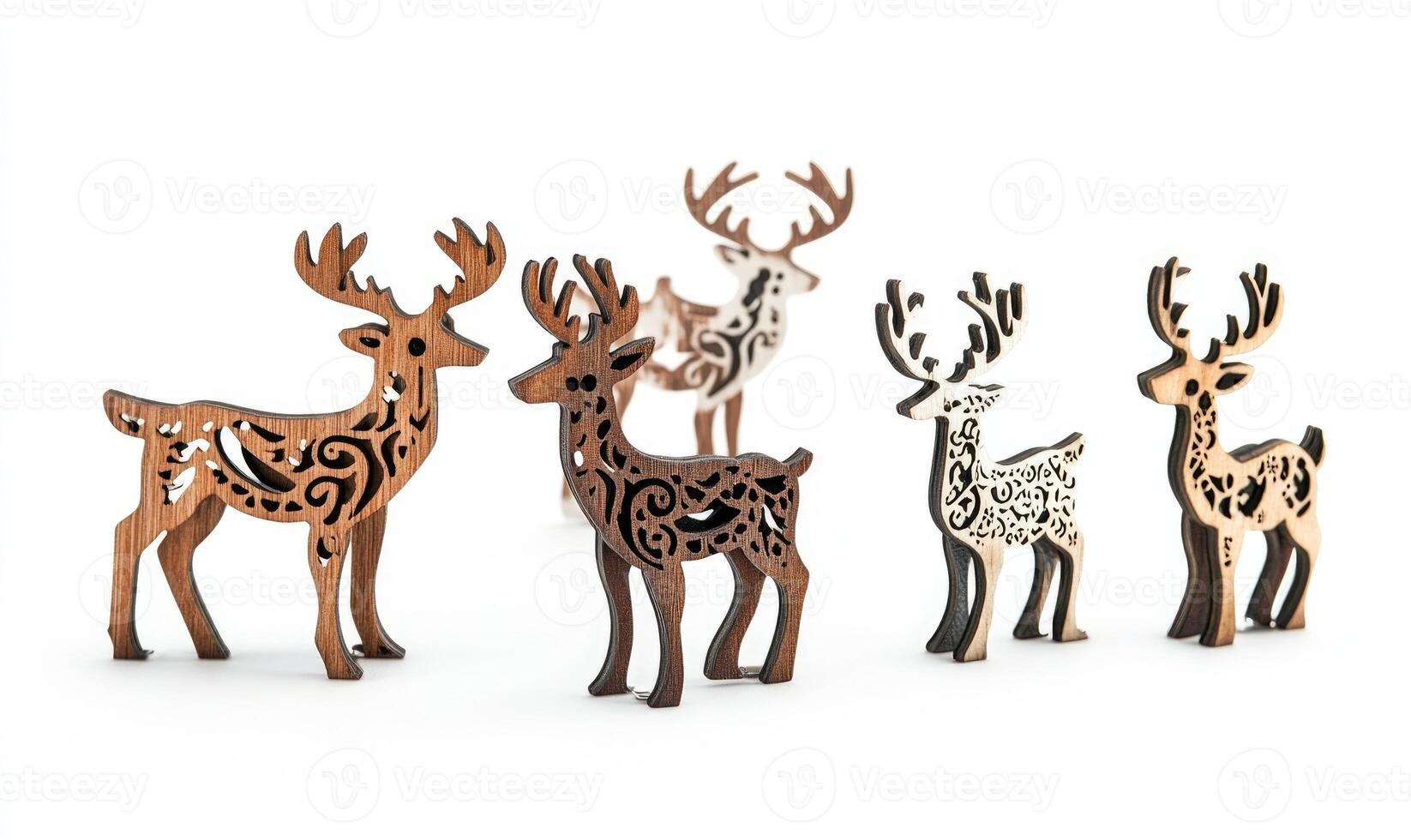 A group of wooden deer are standing in a row photo