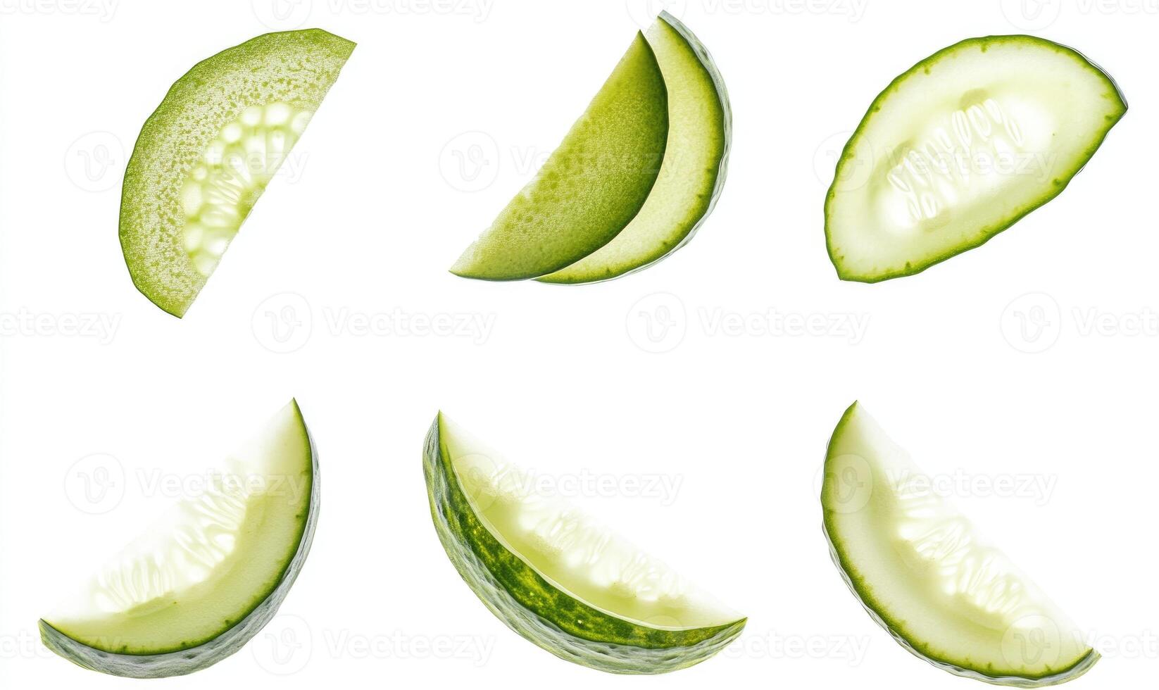 A close up of six slices of cucumber photo
