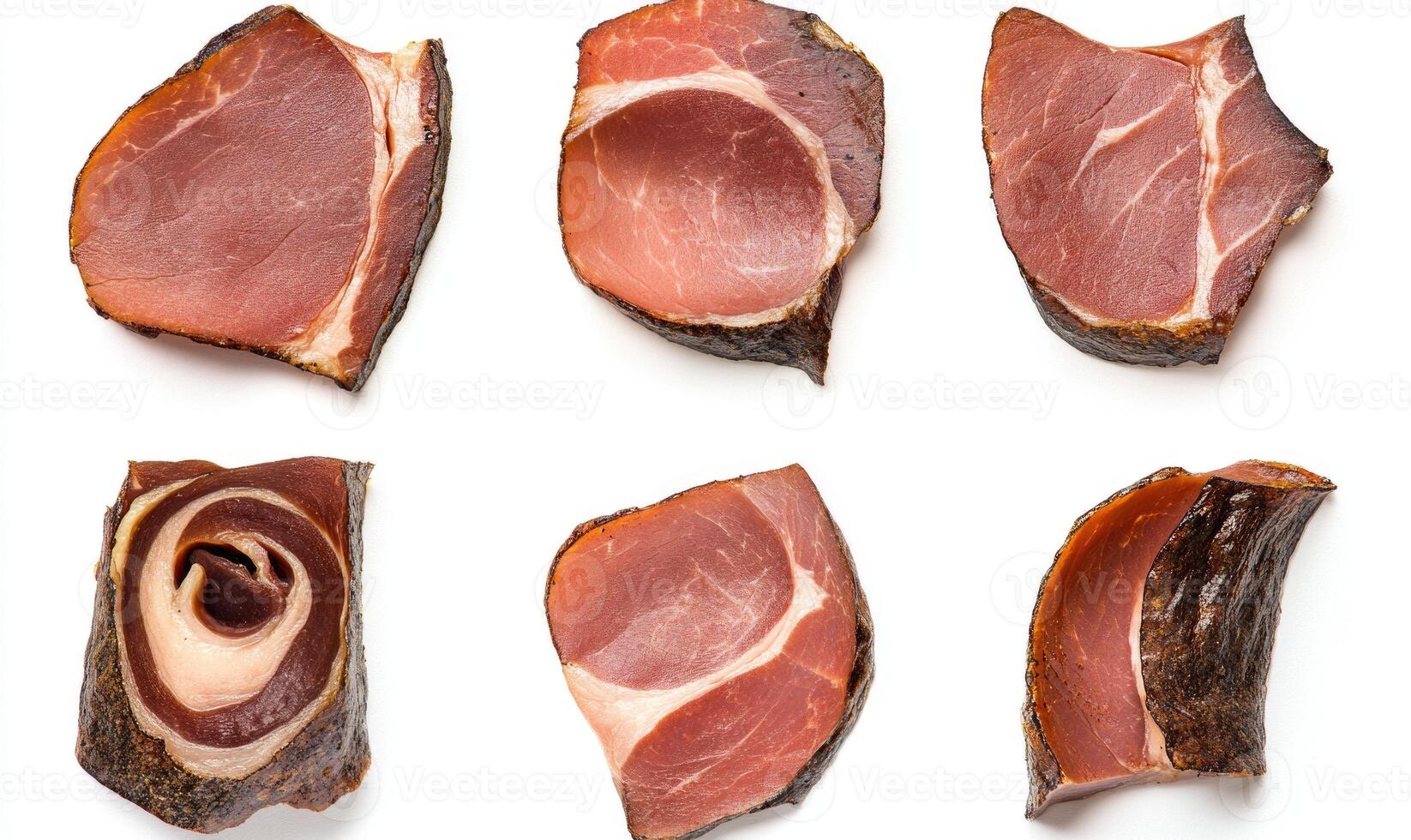 A close up of different cuts of meat, including bacon, ham, and sausage photo