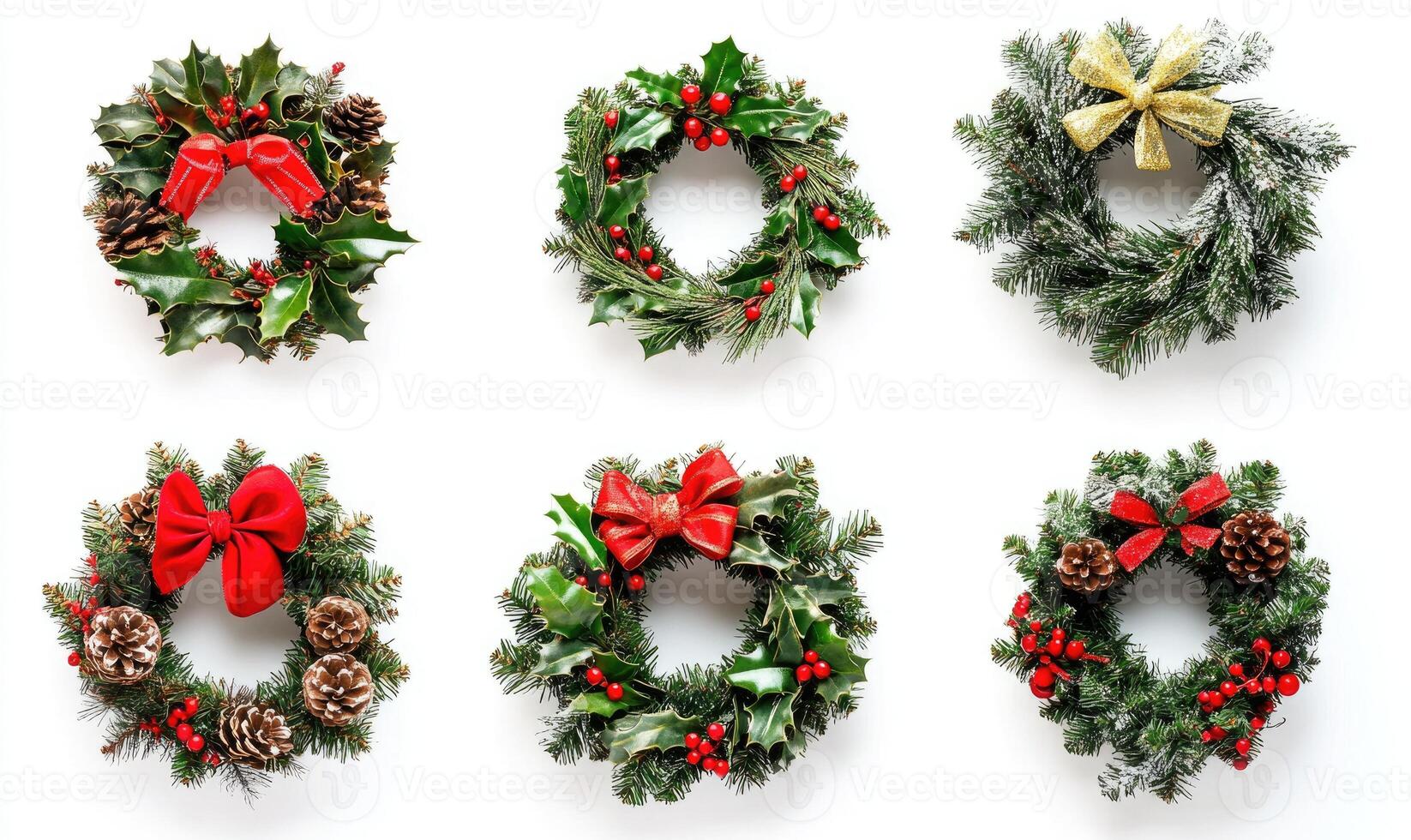 A collection of wreaths with red bows and pine cones photo