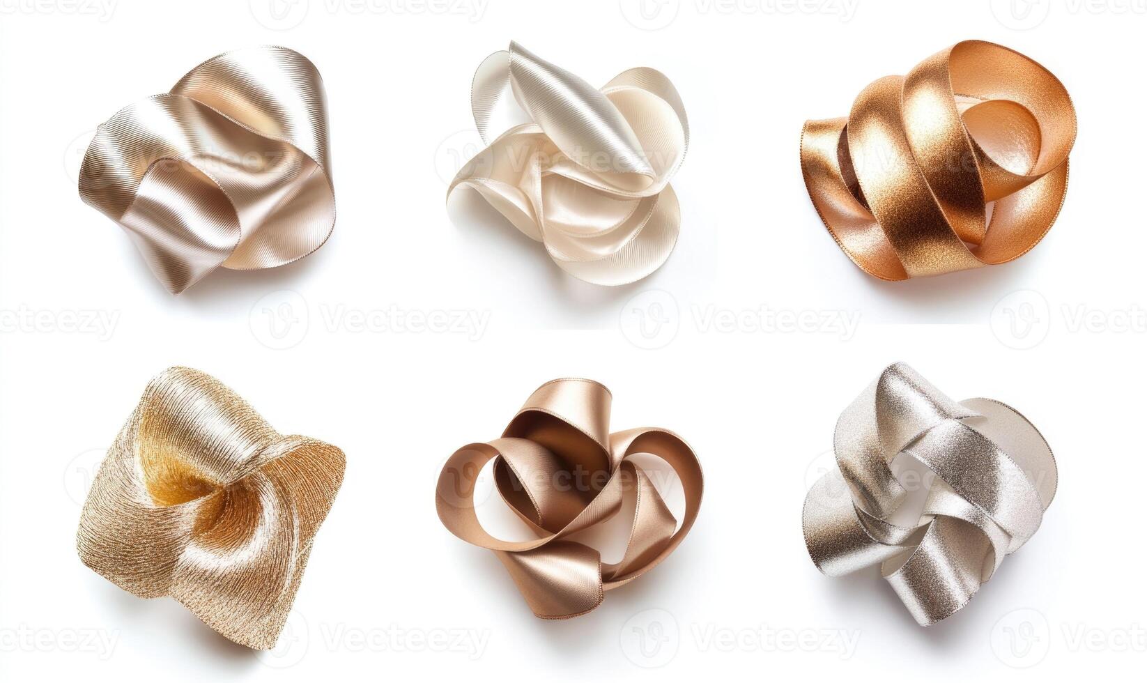 A variety of gold and silver ribbons, each with a unique shape and design photo