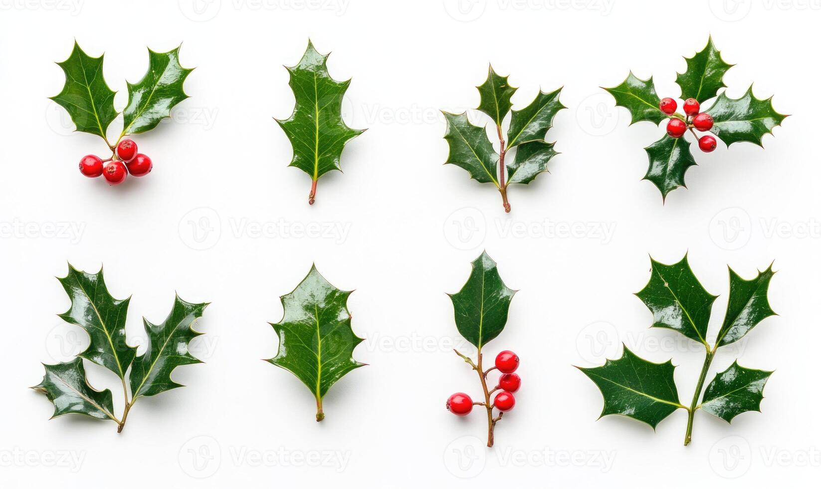 A collection of different types of holly leaves and berries photo