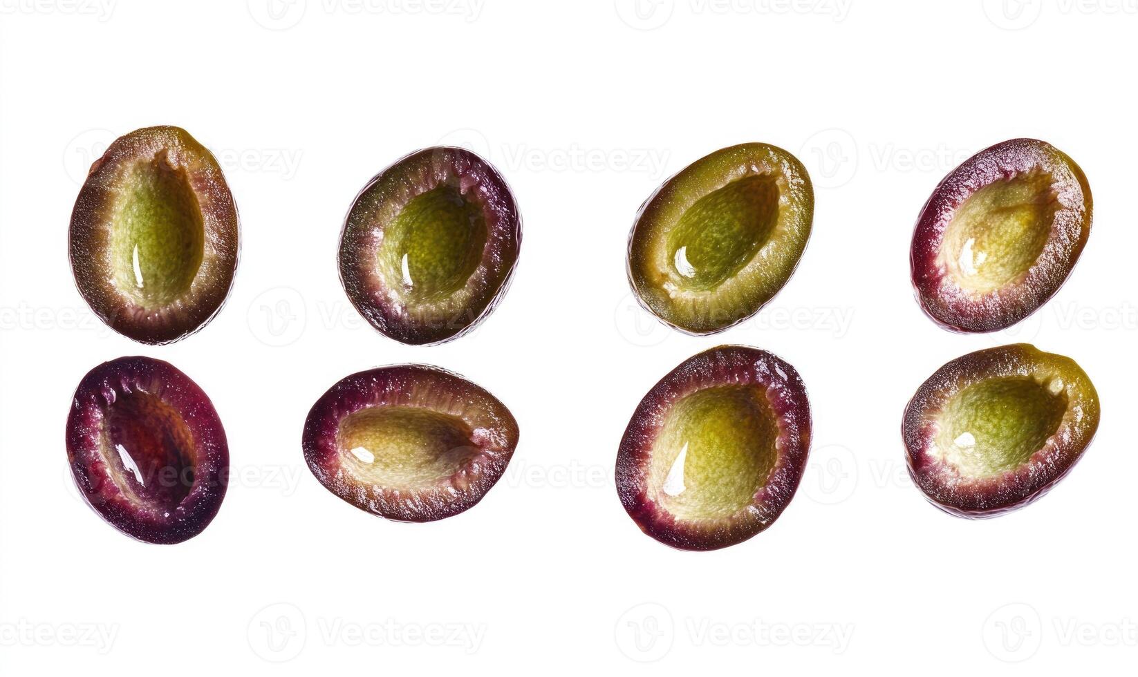 A close up of several green and purple fruits, including grapes and olives photo
