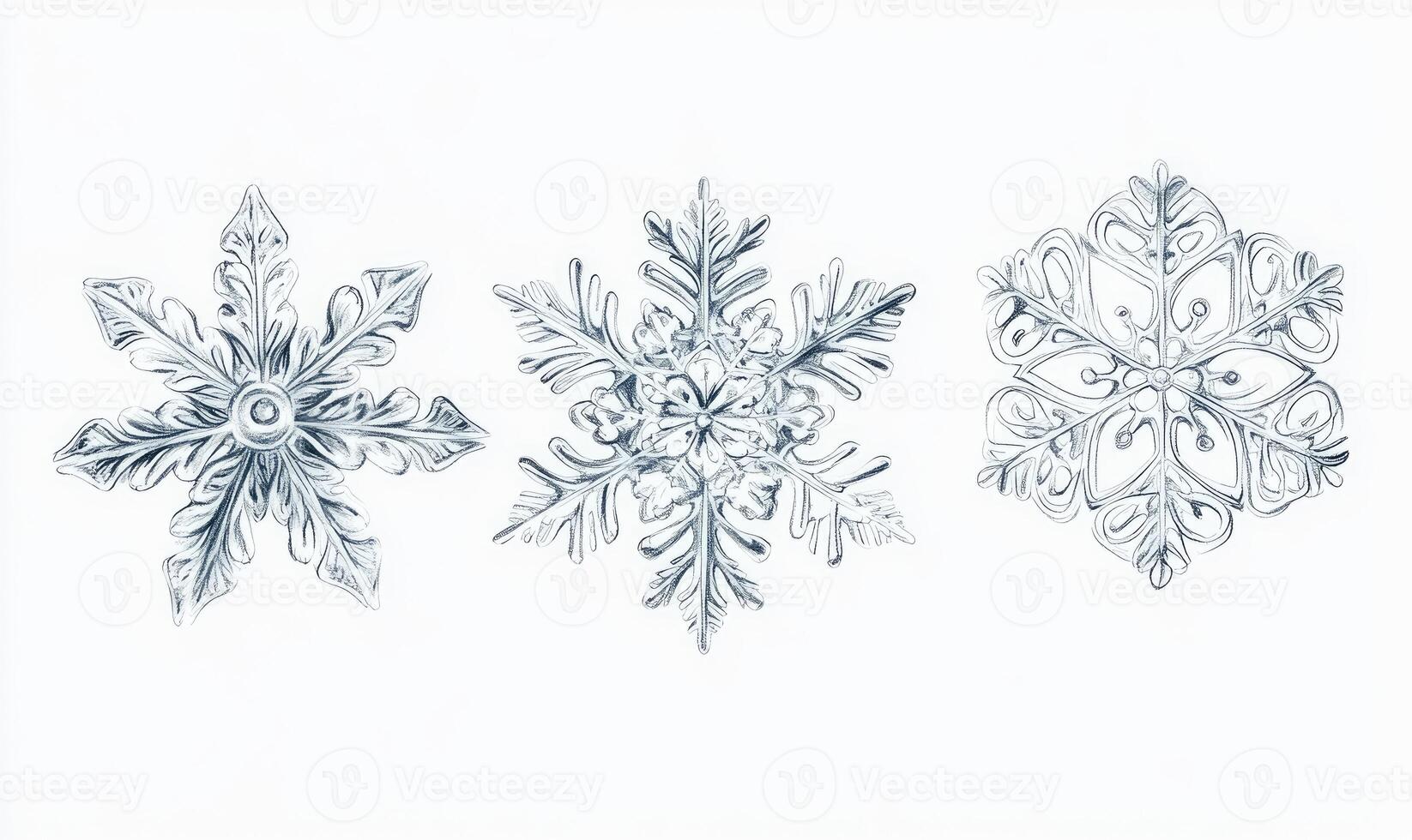 Three snowflakes are drawn in blue ink on a white background photo