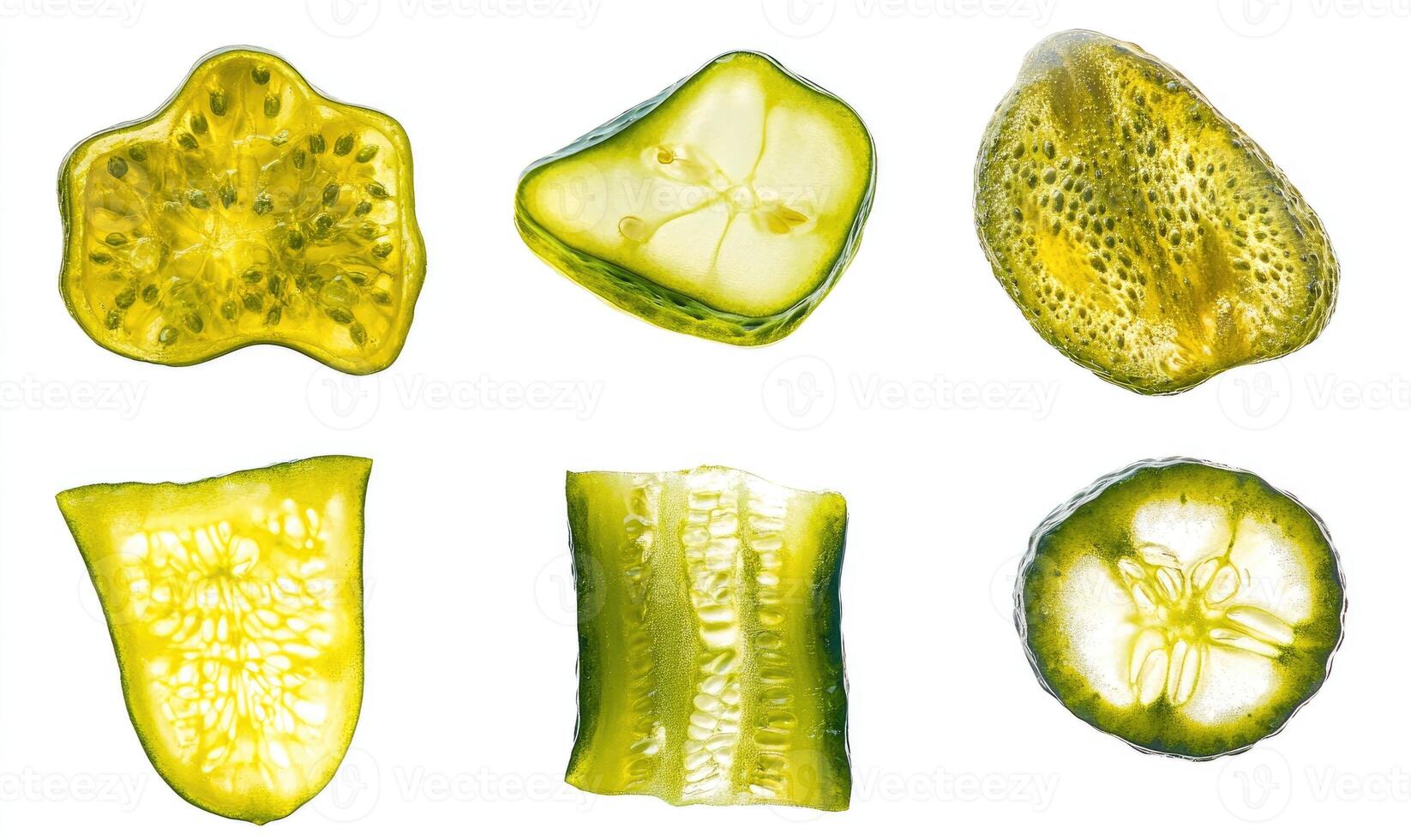Six different slices of cucumber, each with a unique shape and texture photo