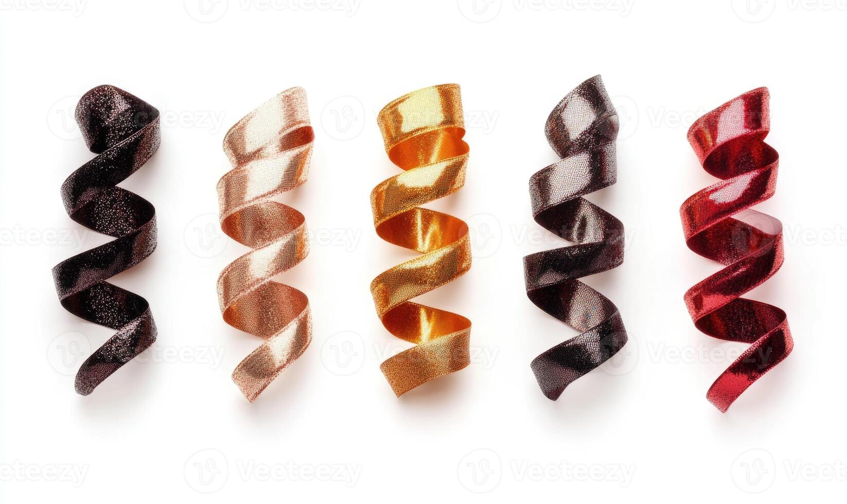 A row of five different colored hair rollers photo