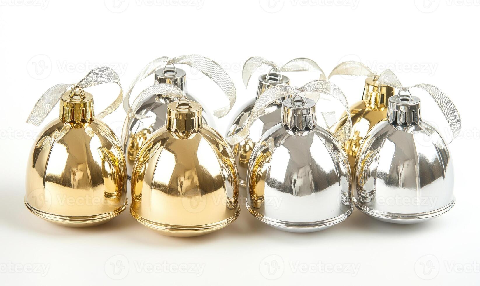 A row of shiny gold and silver ornaments photo