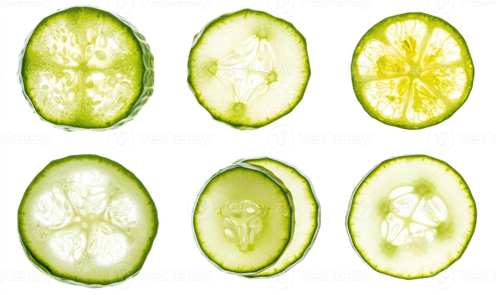 A close up of six slices of cucumber photo