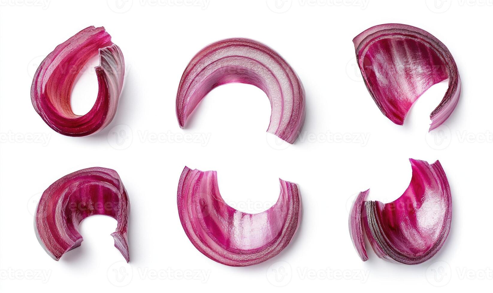 A close up of a variety of onion slices, each with a different shape and size photo