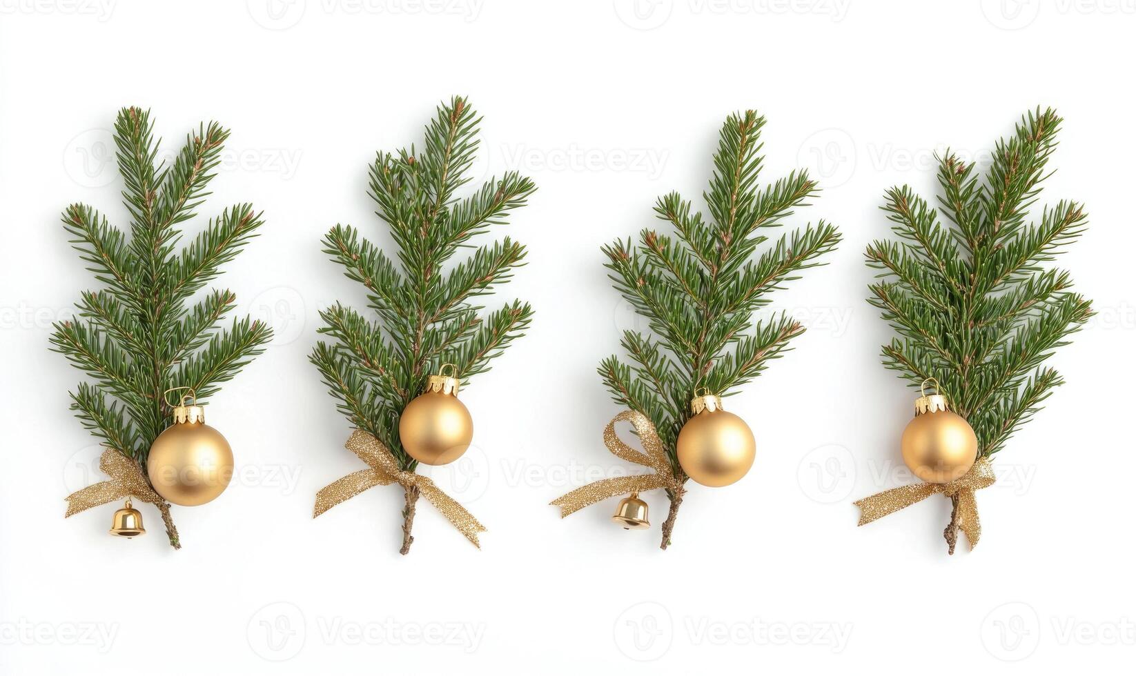 Four Christmas tree branches with gold ornaments hanging from them photo