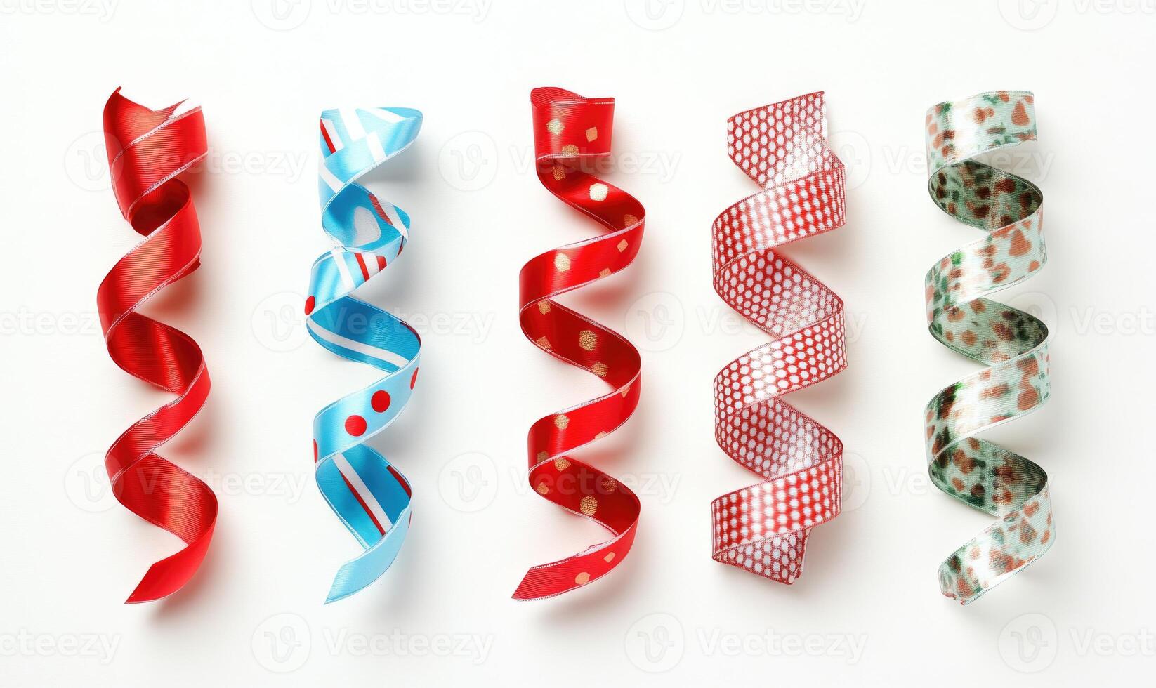 A collection of ribbons with different patterns and colors, including red, blue photo