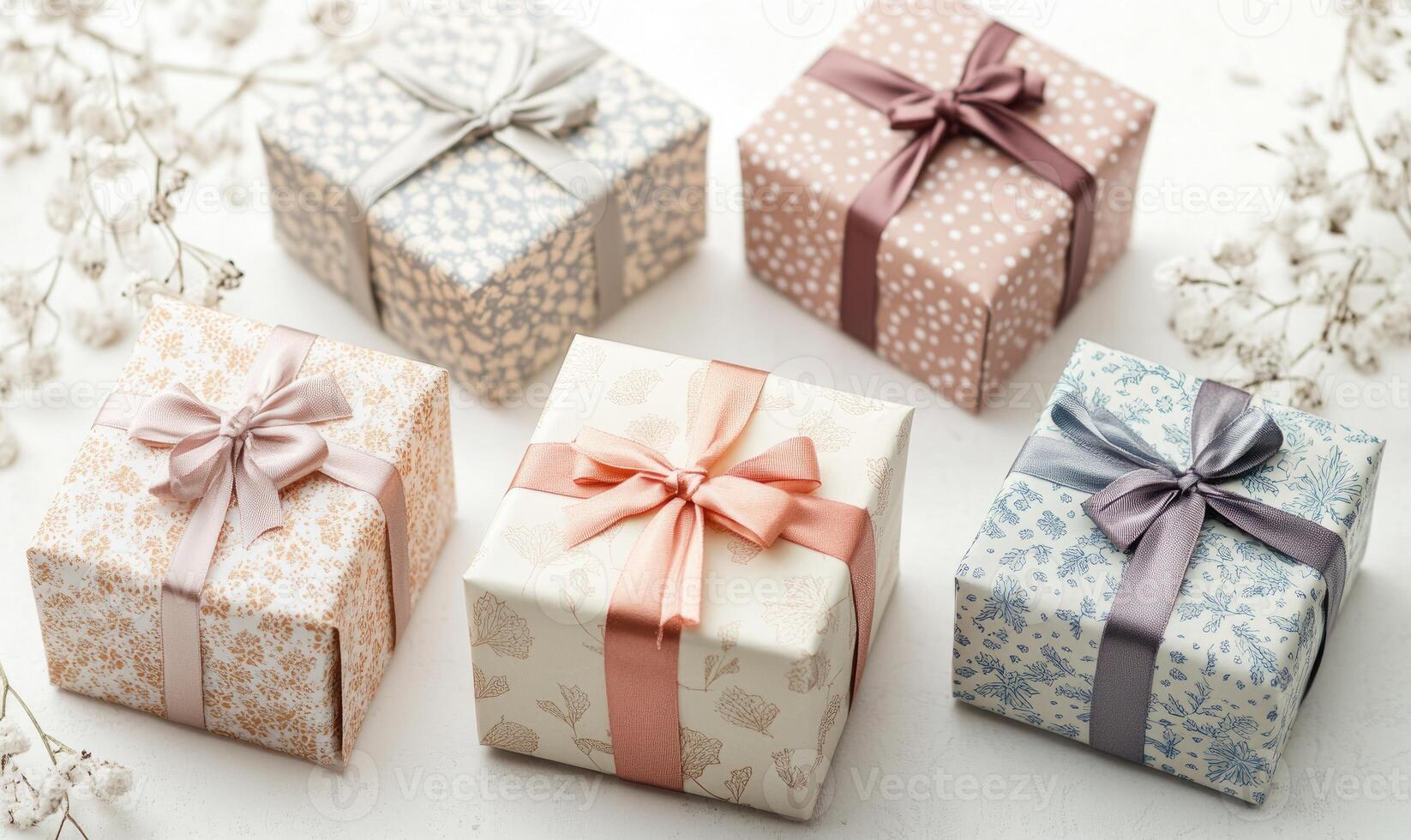 A row of five gift boxes with bows on them photo