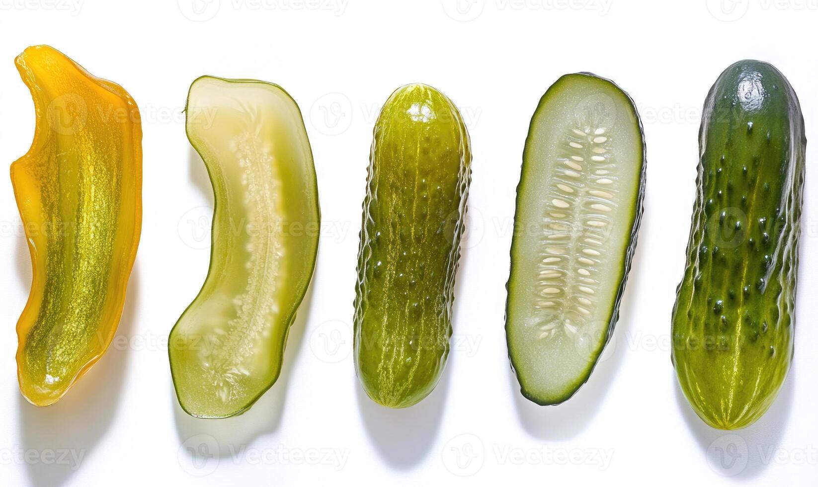 Five pickles are shown in a row photo