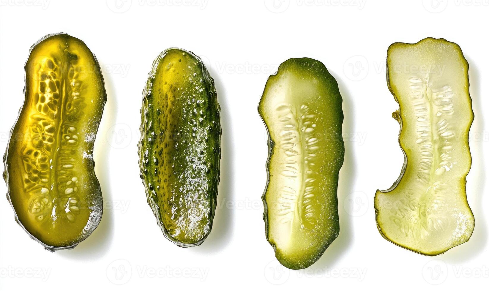 Four pickles are shown in different stages of being eaten photo
