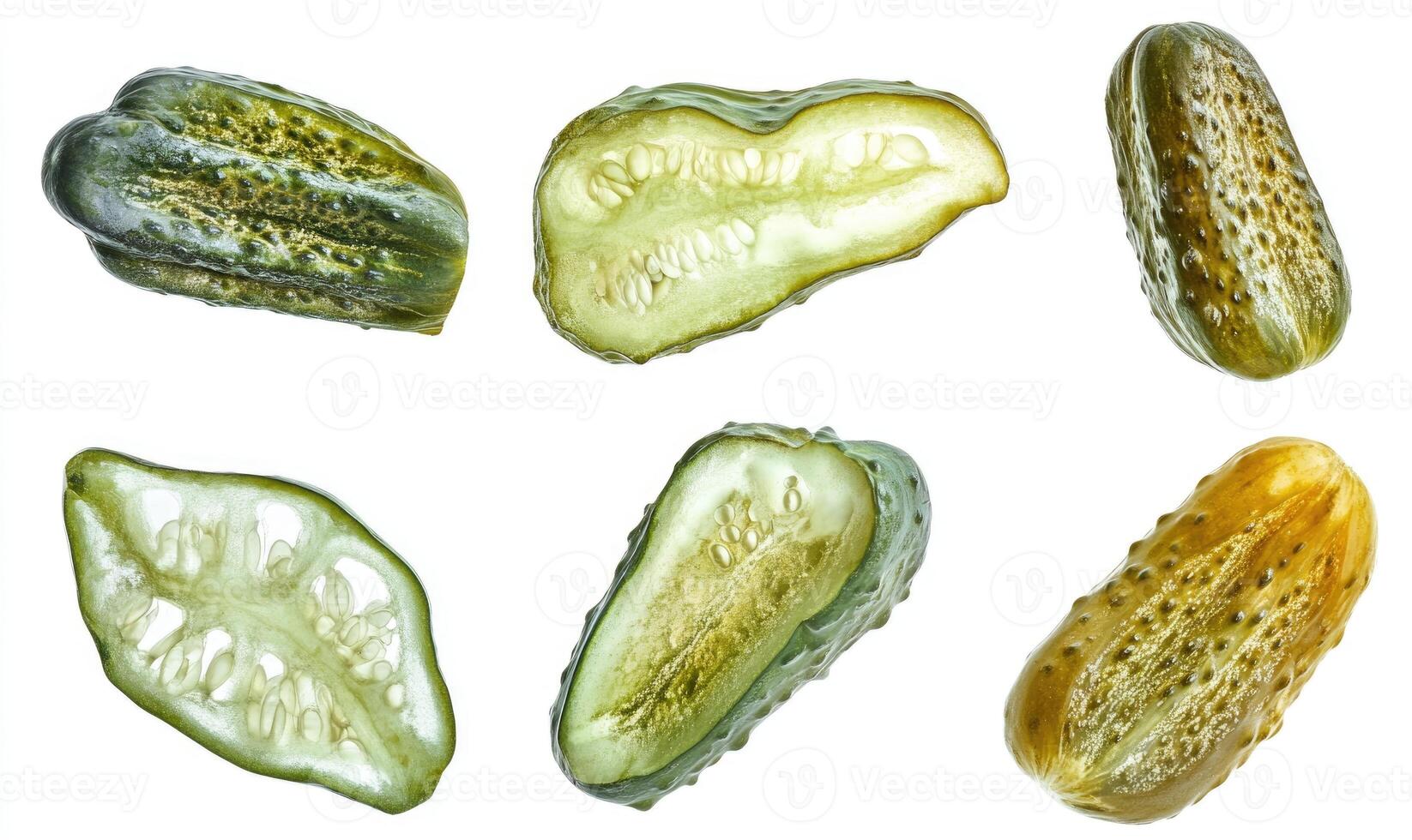 A close up of pickles with the pickles being sliced in half photo