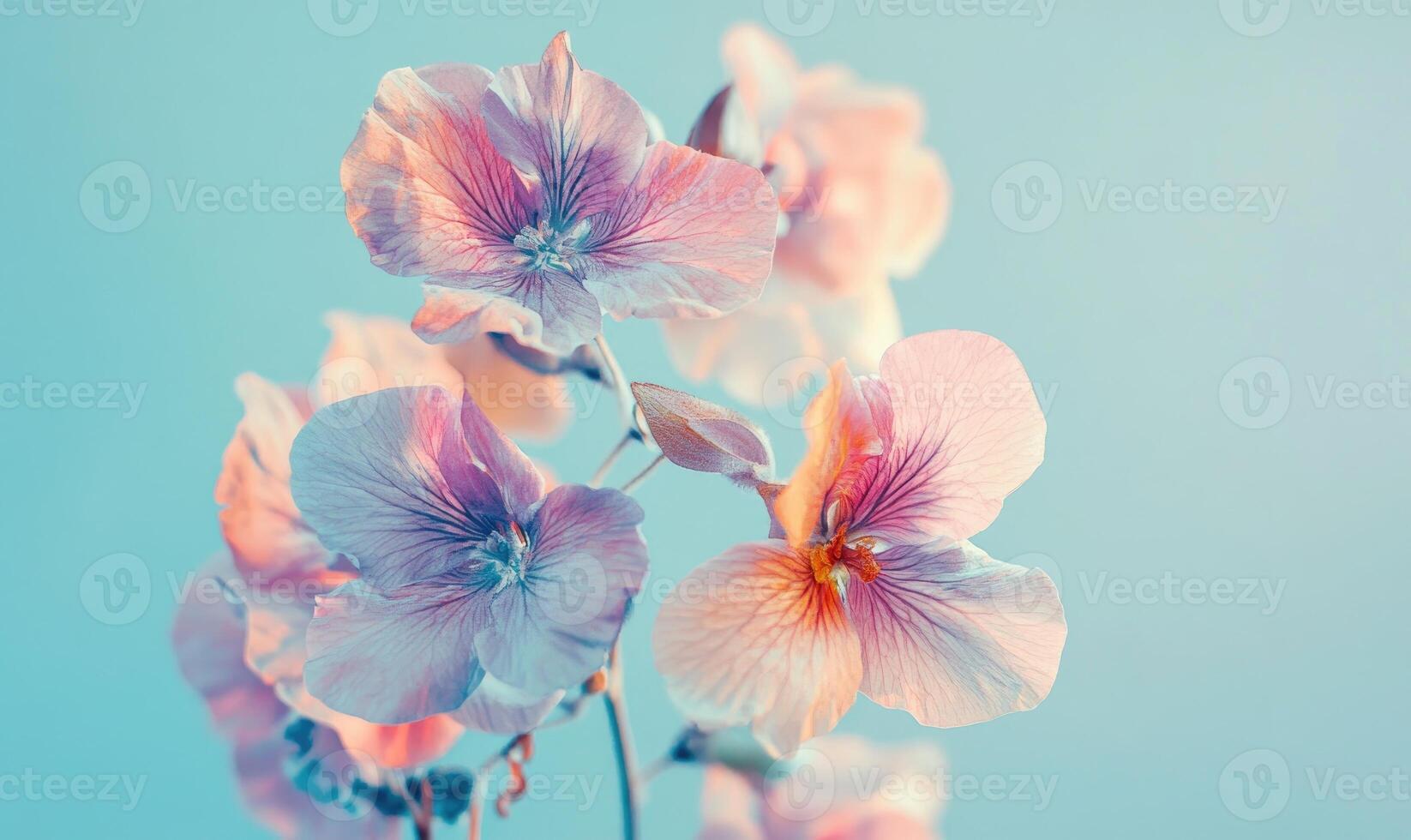 A bouquet of pink flowers with a blue background photo