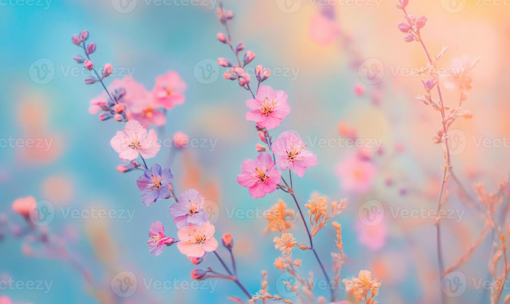 A bunch of pink flowers with a blue background photo