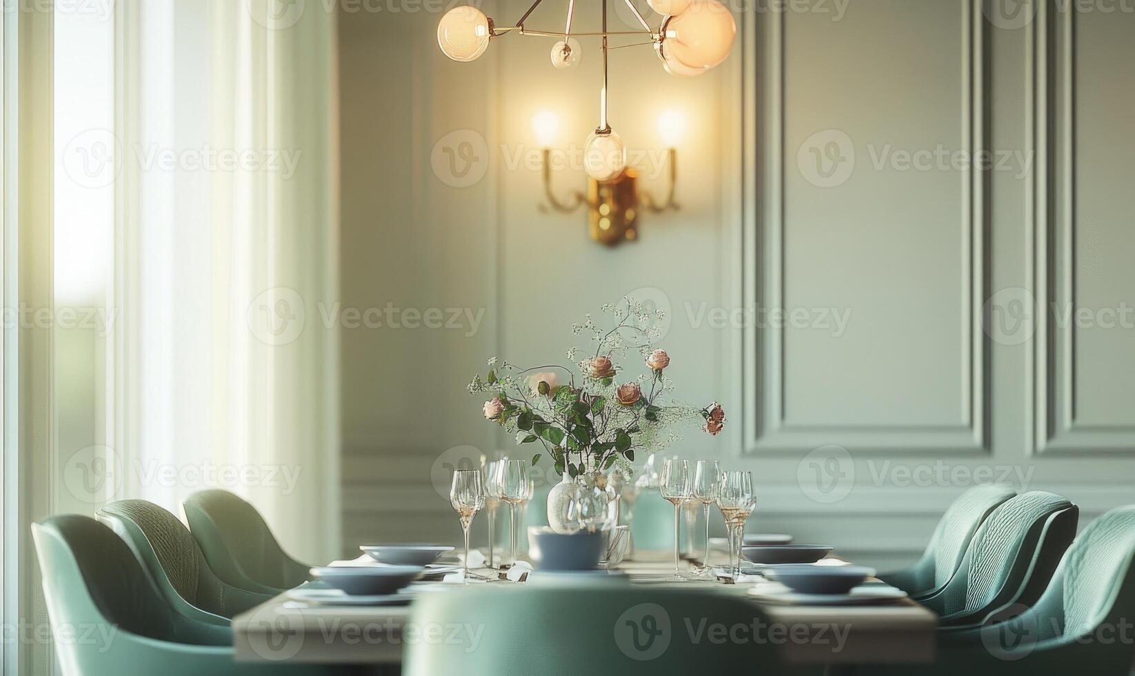 A large dining table is set with a vase of flowers photo