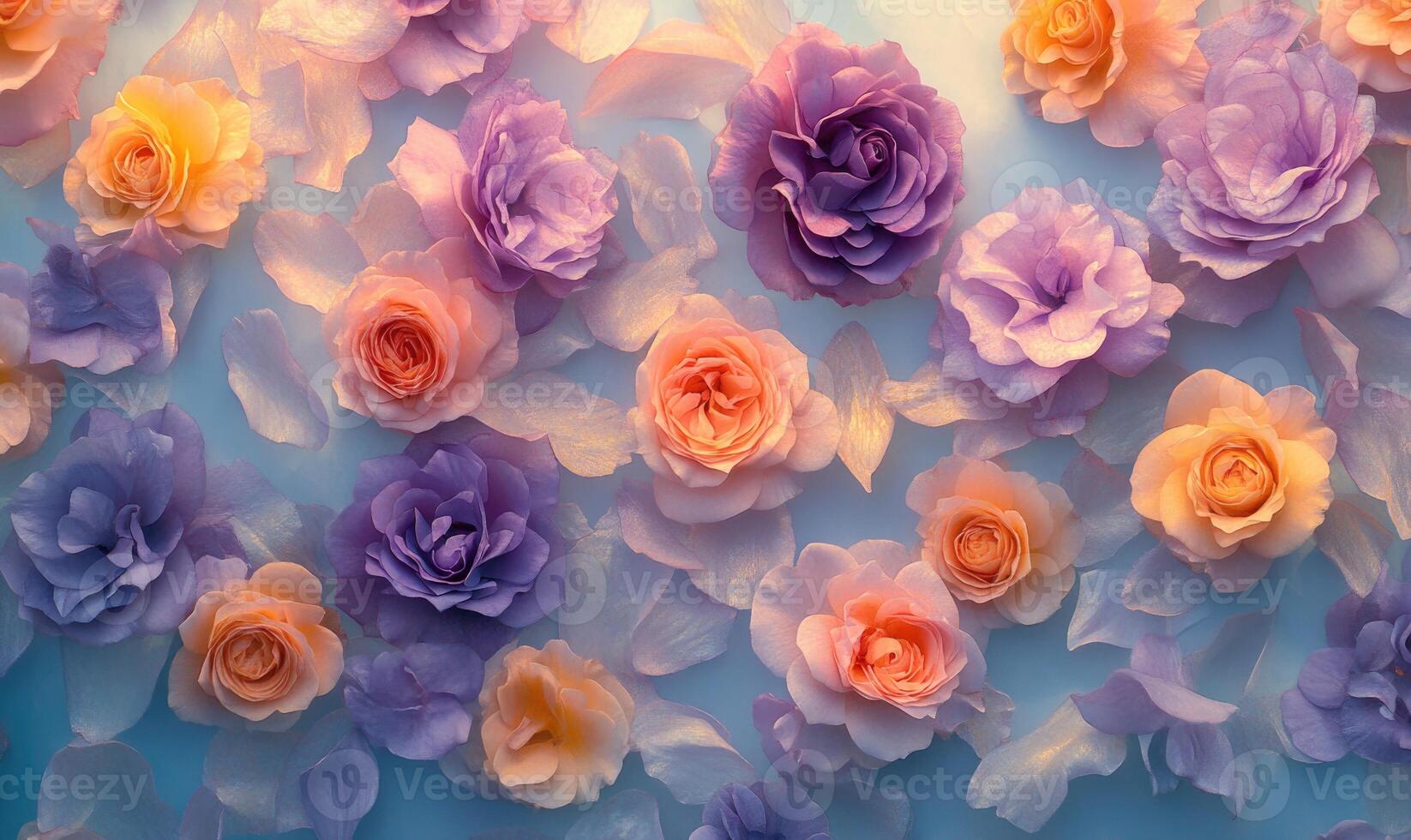 A colorful bouquet of flowers is floating on a blue background photo
