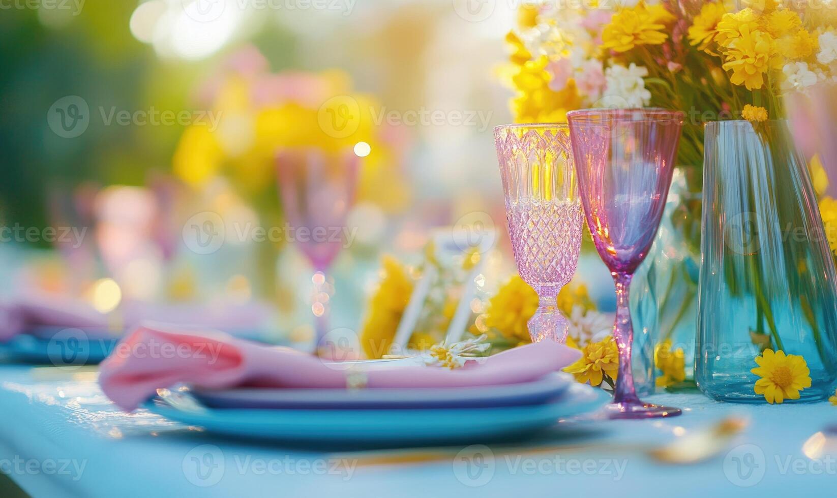 A table with a blue tablecloth and a pink napkin photo