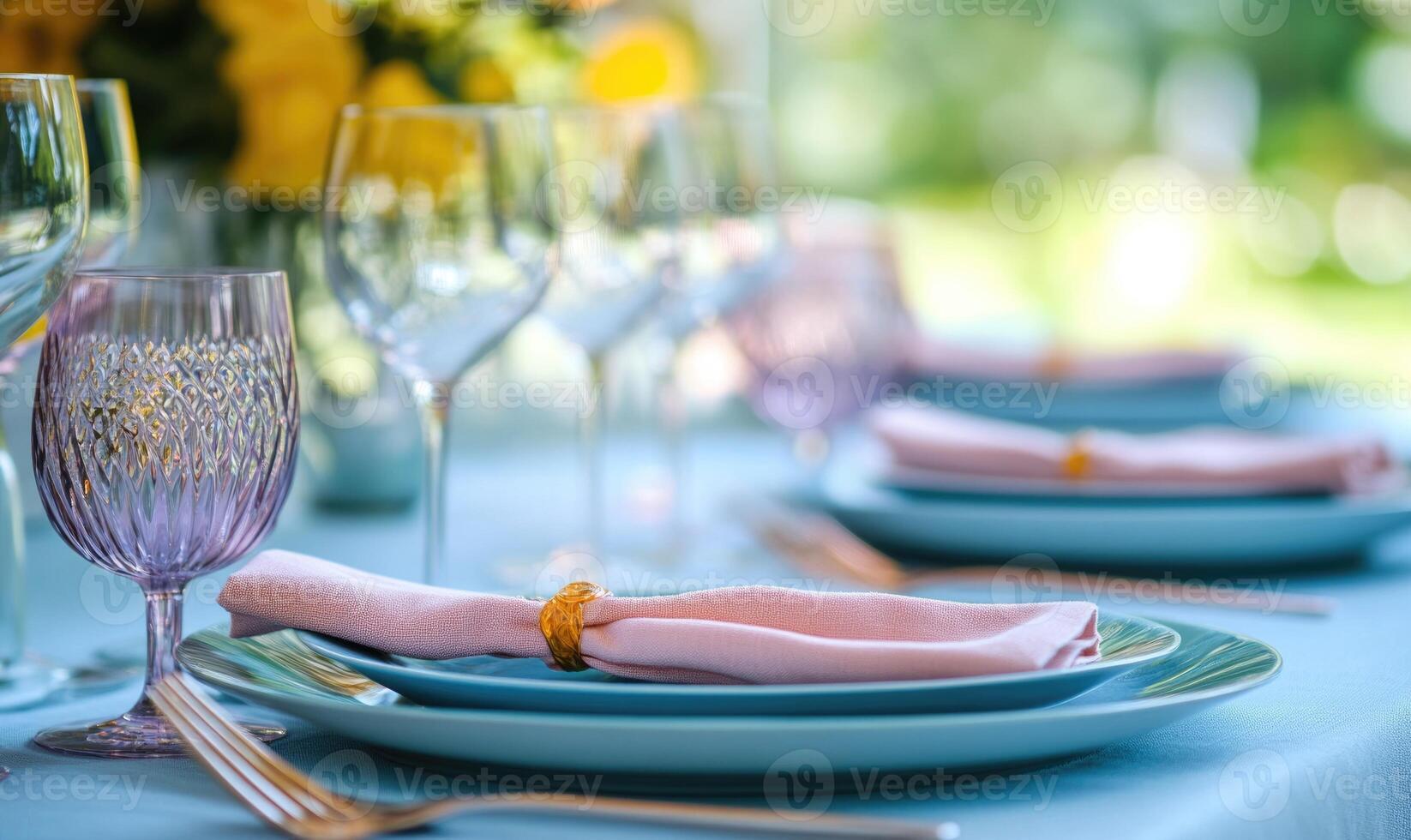 A table with a blue tablecloth and a pink napkin photo