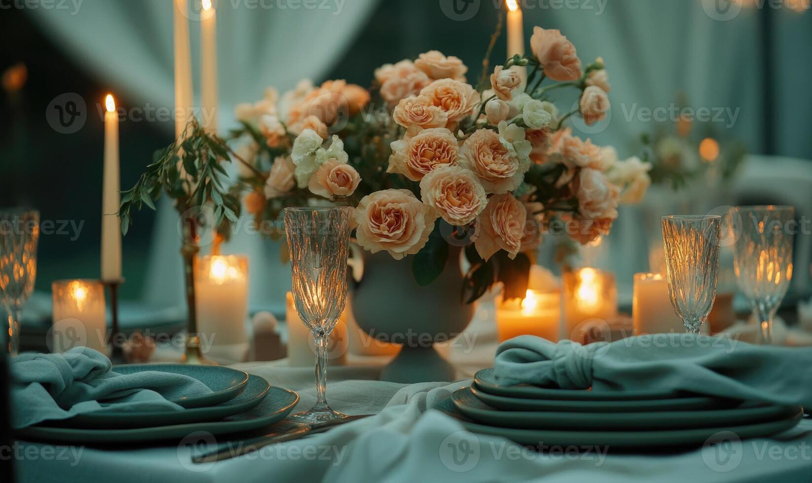 A table with a vase of flowers and candles, and a blue tablecloth photo