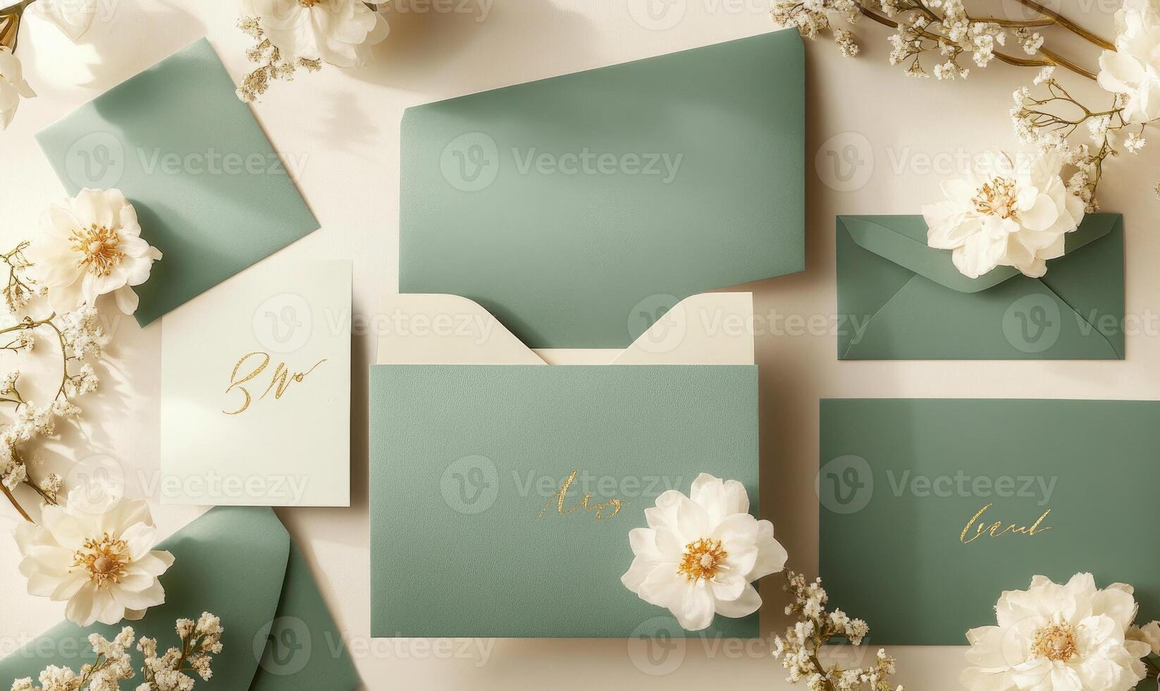 A variety of green and white envelopes and cards, including wedding invitations photo