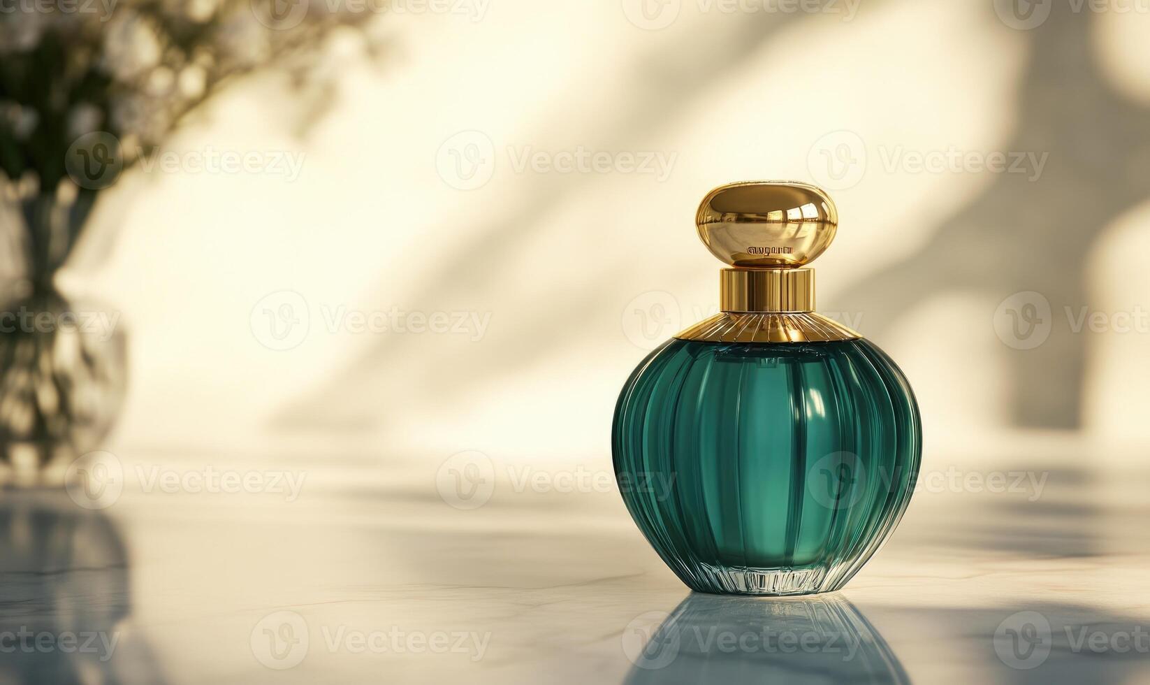A bottle of perfume sits on a table next to a vase of flowers photo