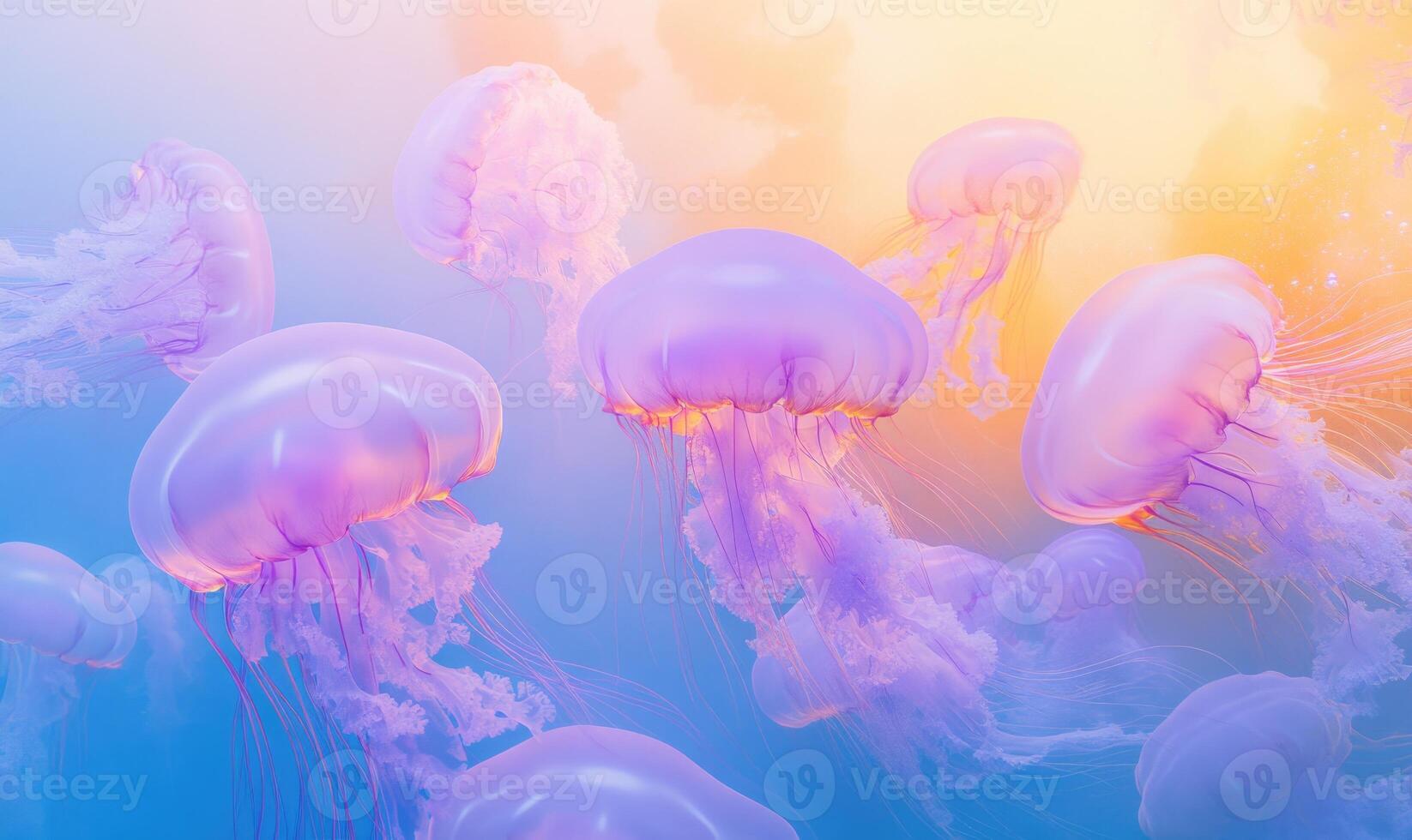 A group of jellyfish are floating in the ocean photo